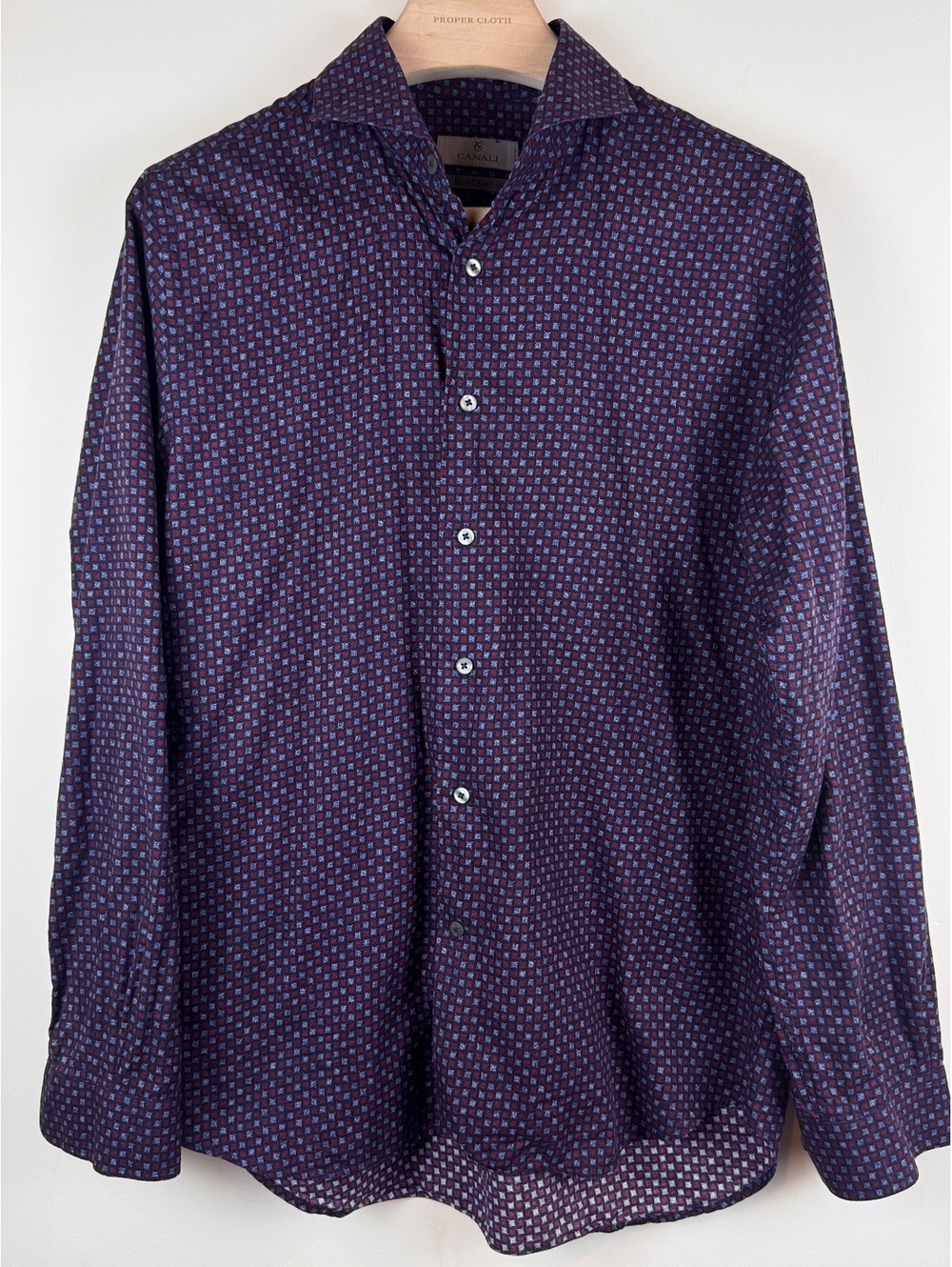 Canali Black Edition Men’s L Geometric Cotton Shirt Red Blue Made in Italy